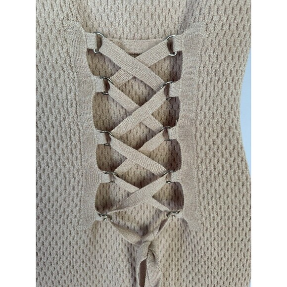 NWT Endless Rose Cream Textured Knit Crochet Bodycon Mini Dress Size L Tie Back - Picture 5 of 9